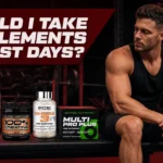 Rest day supplements including whey protein creatine and daily vitamins for muscle recovery