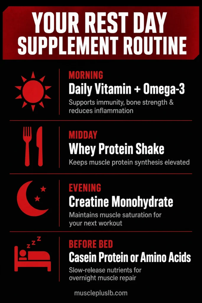 Your rest day supplement routine with protein creatine vitamins and omega 3