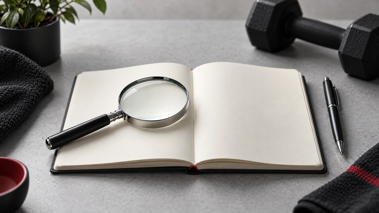 Magnifying glass and blank notebook representing careful review of creatine claims