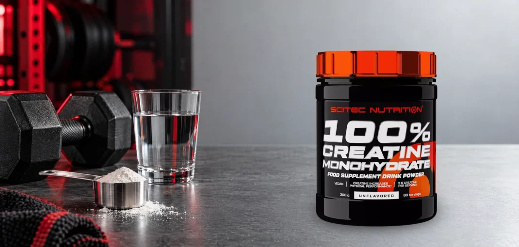 Original Scitec creatine monohydrate tub beside gym equipment and a glass of water