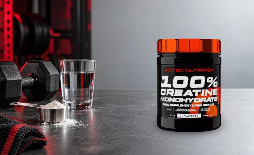 Original Scitec creatine monohydrate tub beside gym equipment and a glass of water