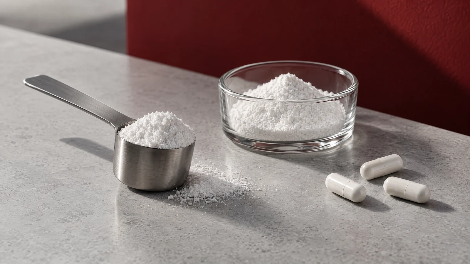 White supplement powder, a metal scoop, and capsules on a clean countertop